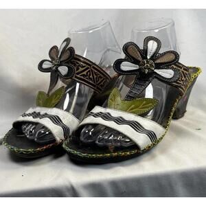 Elite by Corkys Kalua Floral Leather Sandal Size 10 Black Green White Brown